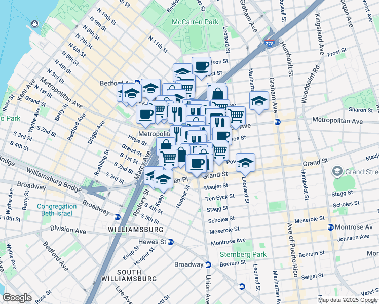 map of restaurants, bars, coffee shops, grocery stores, and more near 422 Union Avenue in Brooklyn