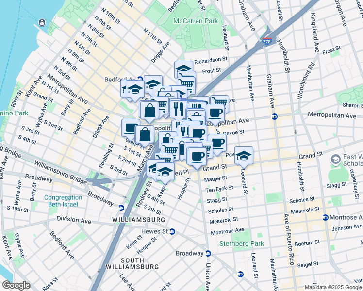 map of restaurants, bars, coffee shops, grocery stores, and more near 45 Ainslie Street in Brooklyn
