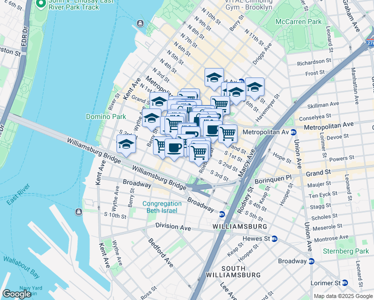 map of restaurants, bars, coffee shops, grocery stores, and more near 728 Driggs Avenue in Brooklyn