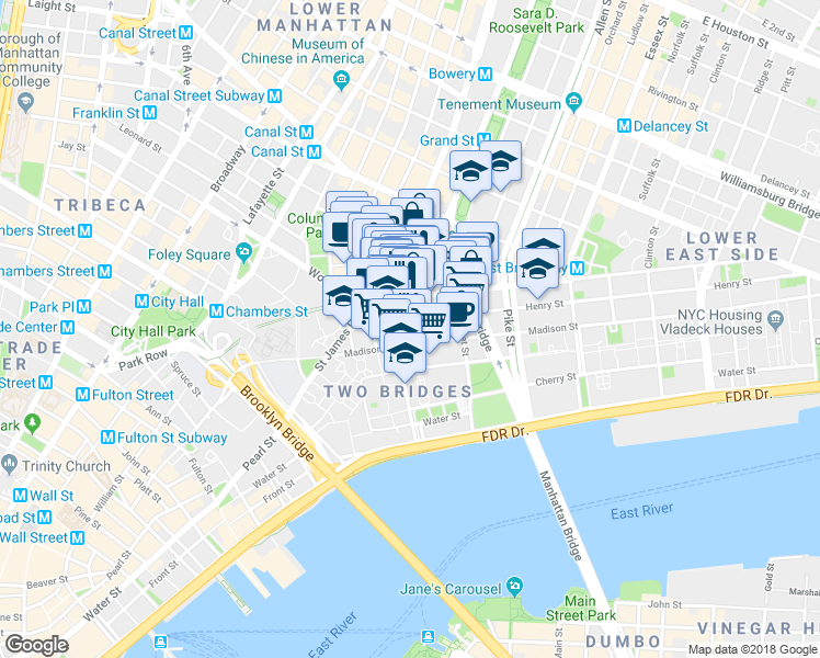 map of restaurants, bars, coffee shops, grocery stores, and more near 29 Henry Street in New York