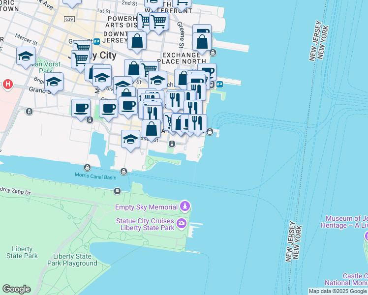 map of restaurants, bars, coffee shops, grocery stores, and more near 35 Hudson Street in Jersey City