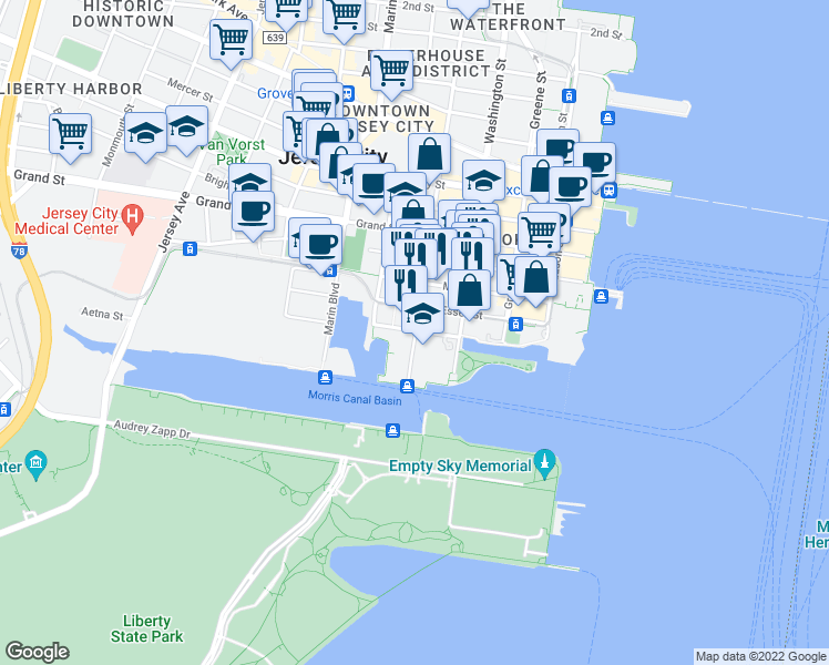 map of restaurants, bars, coffee shops, grocery stores, and more near in Jersey City