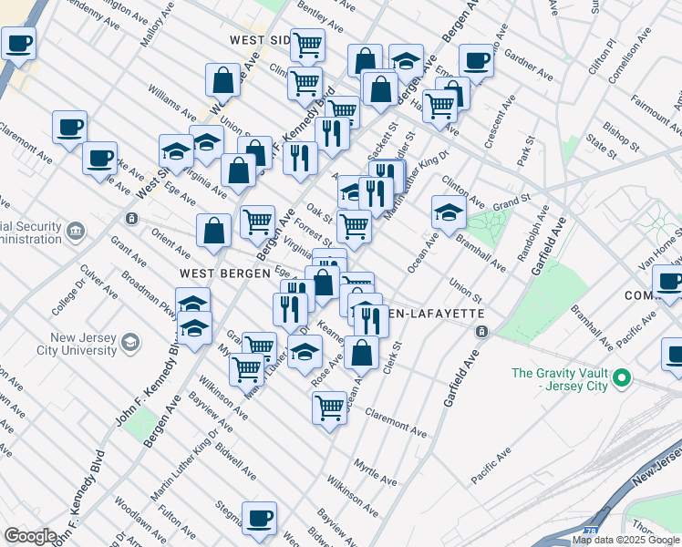 map of restaurants, bars, coffee shops, grocery stores, and more near 315 Forrest Street in Jersey City