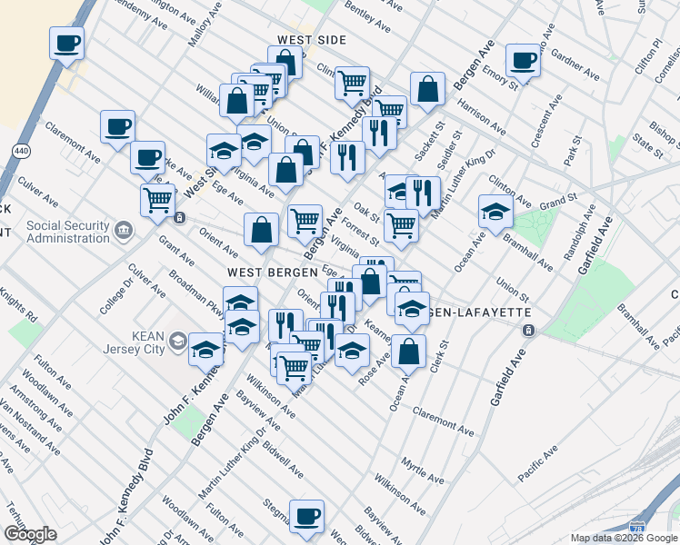 map of restaurants, bars, coffee shops, grocery stores, and more near 1 Bernius Court in Jersey City