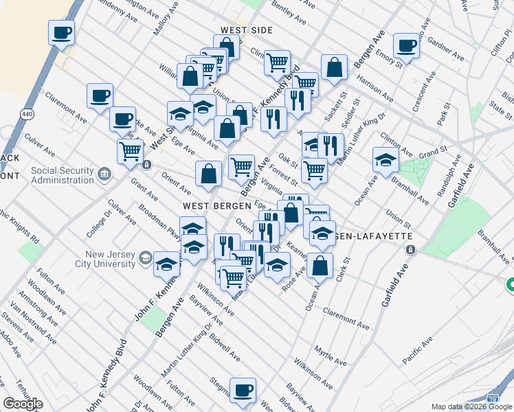 map of restaurants, bars, coffee shops, grocery stores, and more near 1 Bernius Court in Jersey City