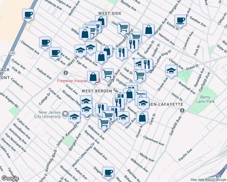 map of restaurants, bars, coffee shops, grocery stores, and more near 1 Bernius Court in Jersey City
