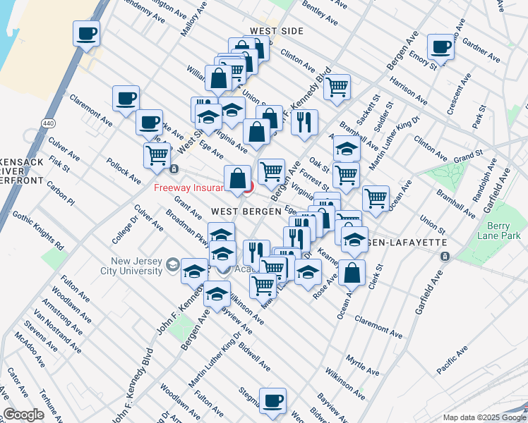 map of restaurants, bars, coffee shops, grocery stores, and more near 311-319 Bergen Avenue in Jersey City