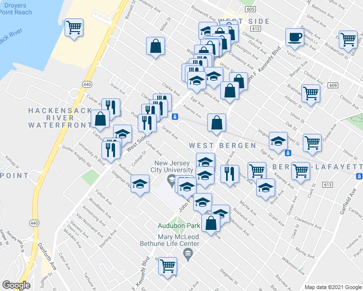 map of restaurants, bars, coffee shops, grocery stores, and more near 242 Grant Avenue in Jersey City