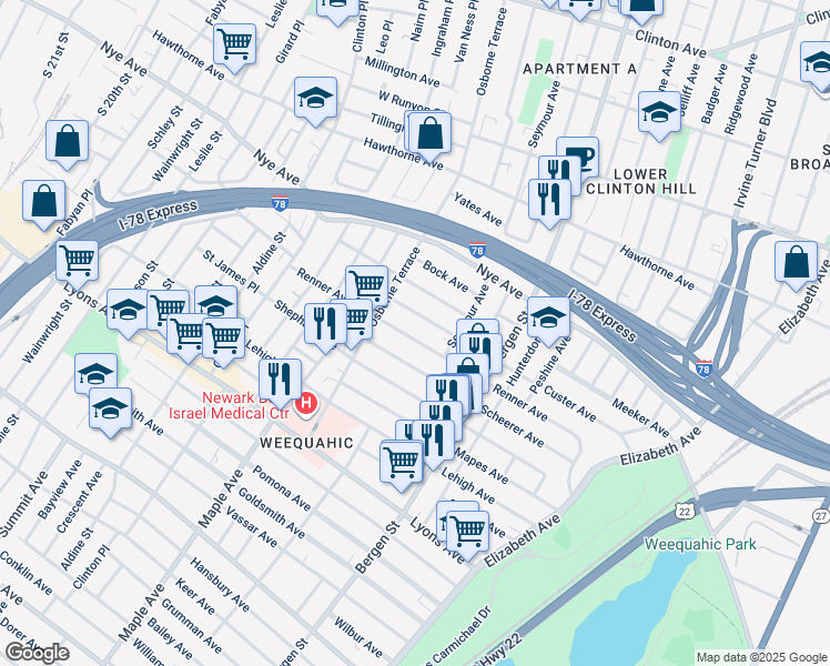 map of restaurants, bars, coffee shops, grocery stores, and more near 207 Custer Avenue in Newark