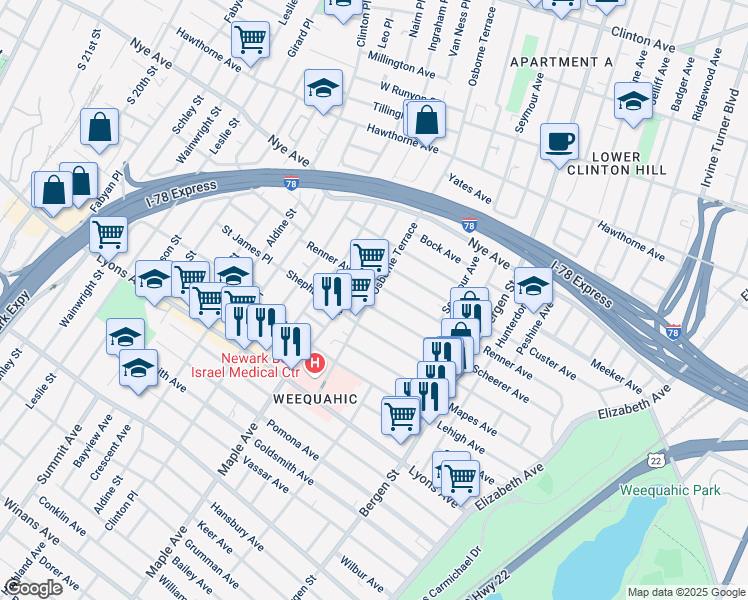 map of restaurants, bars, coffee shops, grocery stores, and more near 249 Renner Avenue in Newark
