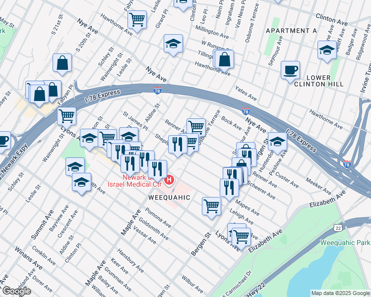 map of restaurants, bars, coffee shops, grocery stores, and more near 133 Huntington Terrace in Newark