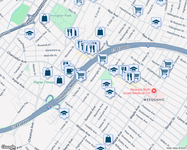 map of restaurants, bars, coffee shops, grocery stores, and more near 248 Schley Street in Newark