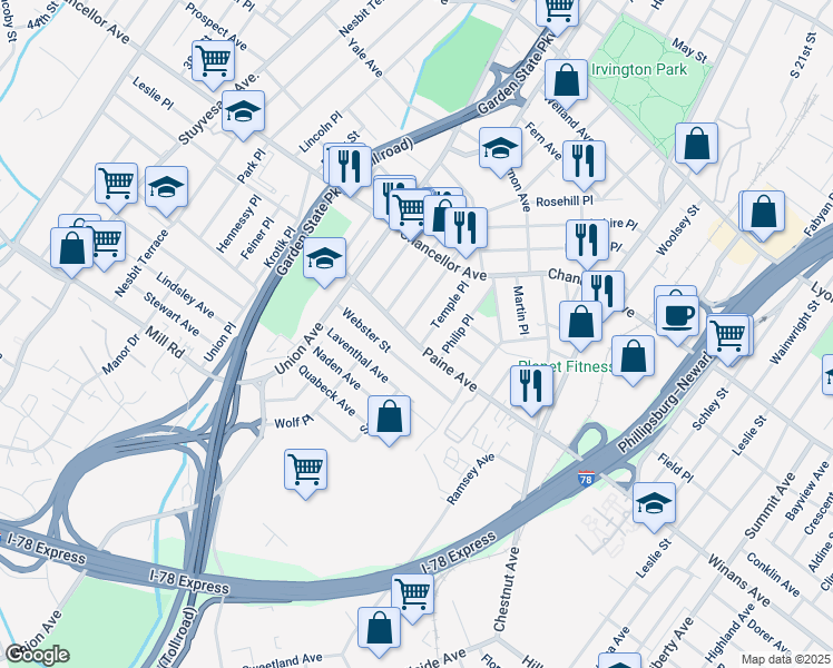 map of restaurants, bars, coffee shops, grocery stores, and more near 39 Temple Place in Irvington