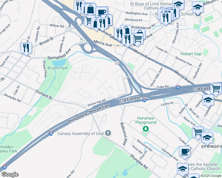 map of restaurants, bars, coffee shops, grocery stores, and more near 43 Woodcrest Circle in Springfield