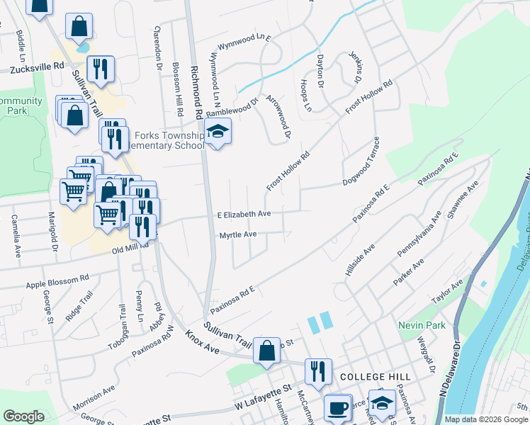 map of restaurants, bars, coffee shops, grocery stores, and more near 1506 Johnson Street in Easton
