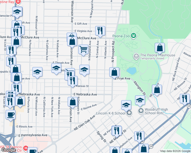 map of restaurants, bars, coffee shops, grocery stores, and more near 2111 North Central Avenue in Peoria
