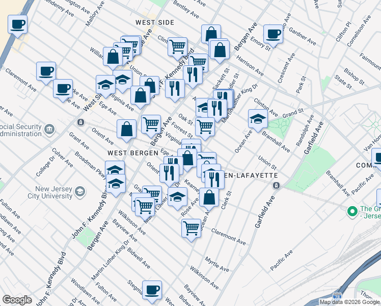 map of restaurants, bars, coffee shops, grocery stores, and more near 95 Virginia Avenue in Jersey City