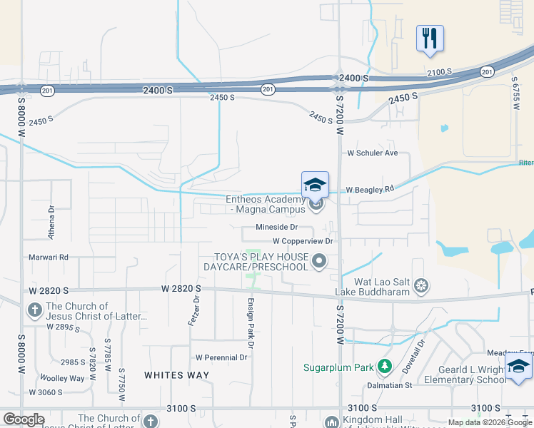 map of restaurants, bars, coffee shops, grocery stores, and more near 7300 Copperview Drive in Magna
