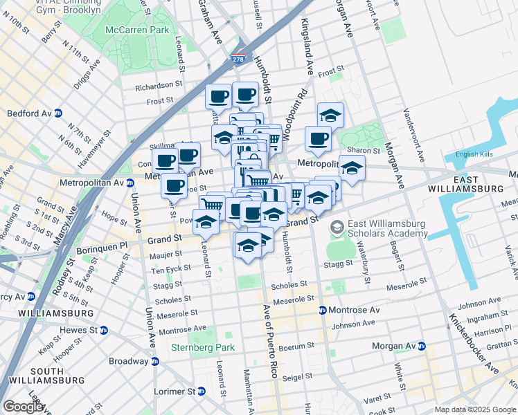 map of restaurants, bars, coffee shops, grocery stores, and more near 296 Graham Avenue in Brooklyn