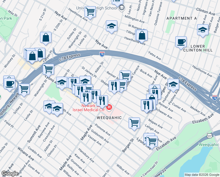 map of restaurants, bars, coffee shops, grocery stores, and more near in Newark