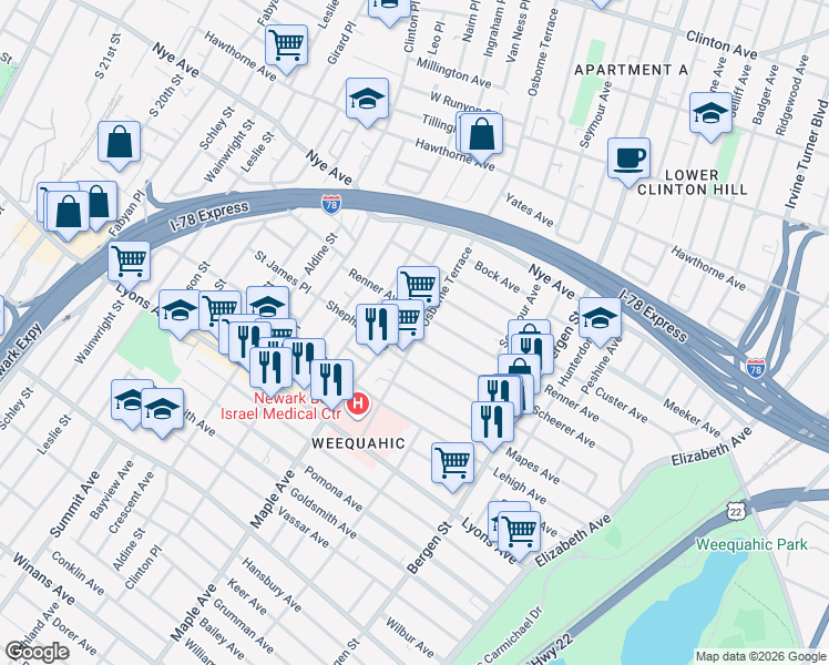 map of restaurants, bars, coffee shops, grocery stores, and more near 305 Osborne Terrace in Newark
