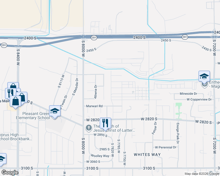 map of restaurants, bars, coffee shops, grocery stores, and more near 2636 South Sinbad Way in Magna
