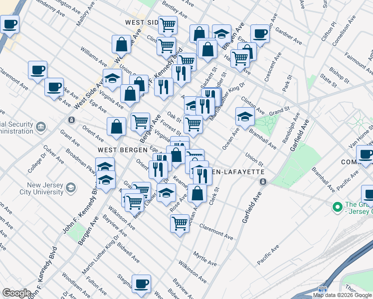 map of restaurants, bars, coffee shops, grocery stores, and more near 315 Forrest Street in Jersey City