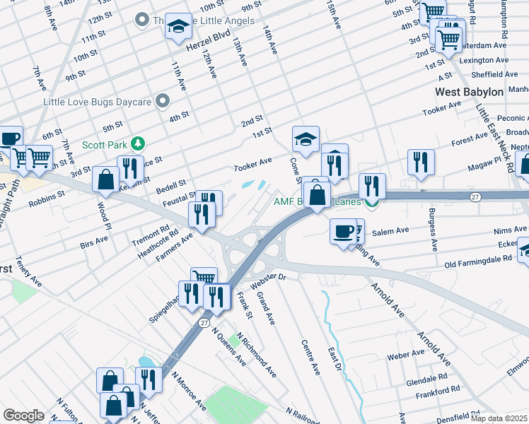 map of restaurants, bars, coffee shops, grocery stores, and more near 122 Farber Drive in West Babylon