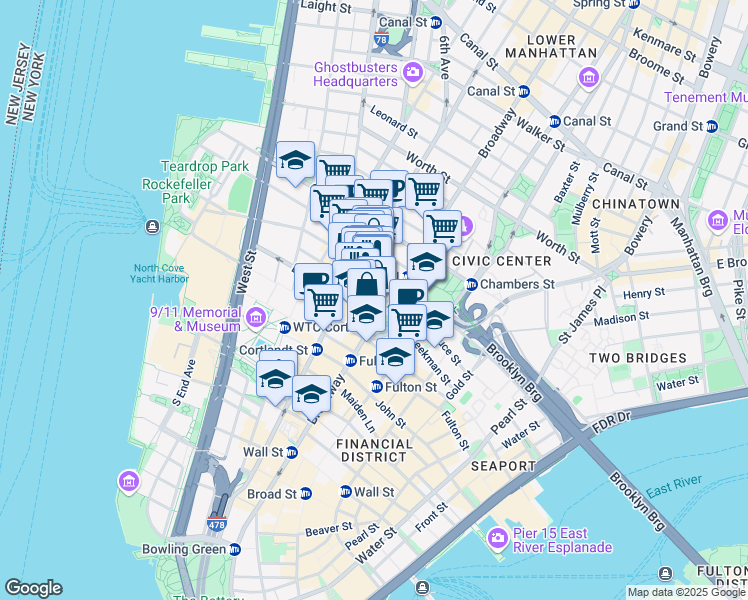 map of restaurants, bars, coffee shops, grocery stores, and more near in New York