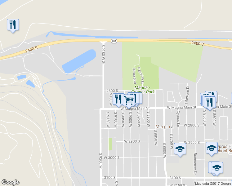 map of restaurants, bars, coffee shops, grocery stores, and more near 2620 South 9085 West in Magna