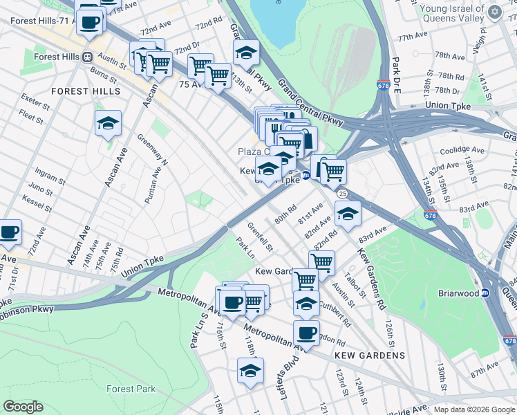 map of restaurants, bars, coffee shops, grocery stores, and more near in Queens