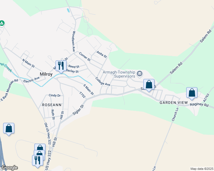 map of restaurants, bars, coffee shops, grocery stores, and more near 43 College Avenue in Milroy