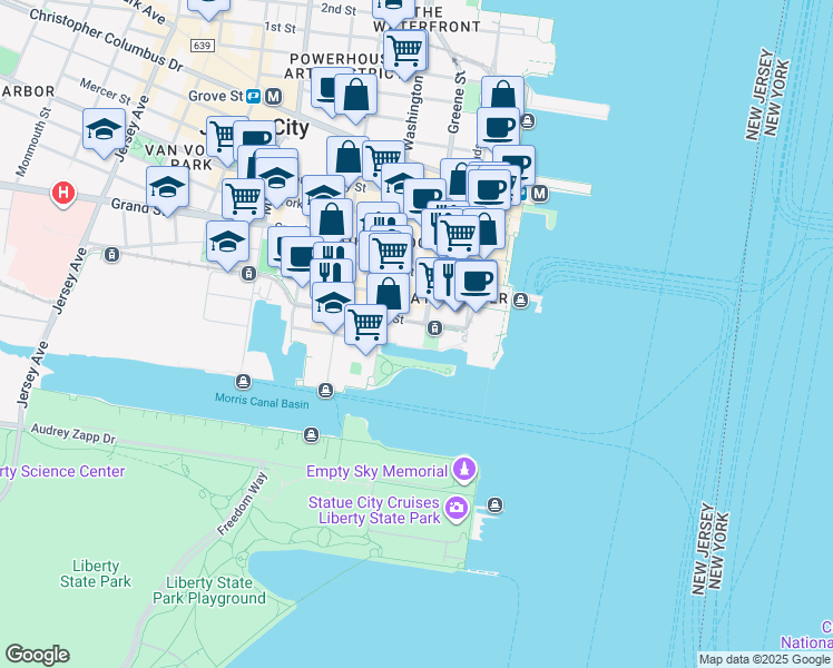 map of restaurants, bars, coffee shops, grocery stores, and more near 1 Greene Street in Jersey City