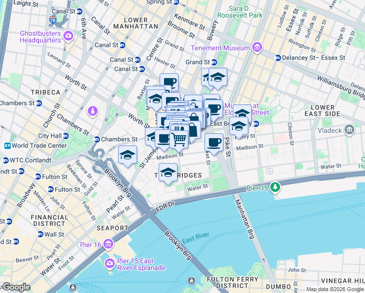 map of restaurants, bars, coffee shops, grocery stores, and more near 29 Henry Street in New York