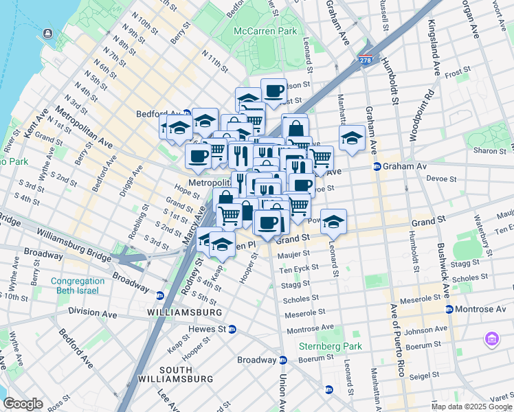 map of restaurants, bars, coffee shops, grocery stores, and more near 422 Union Avenue in Brooklyn