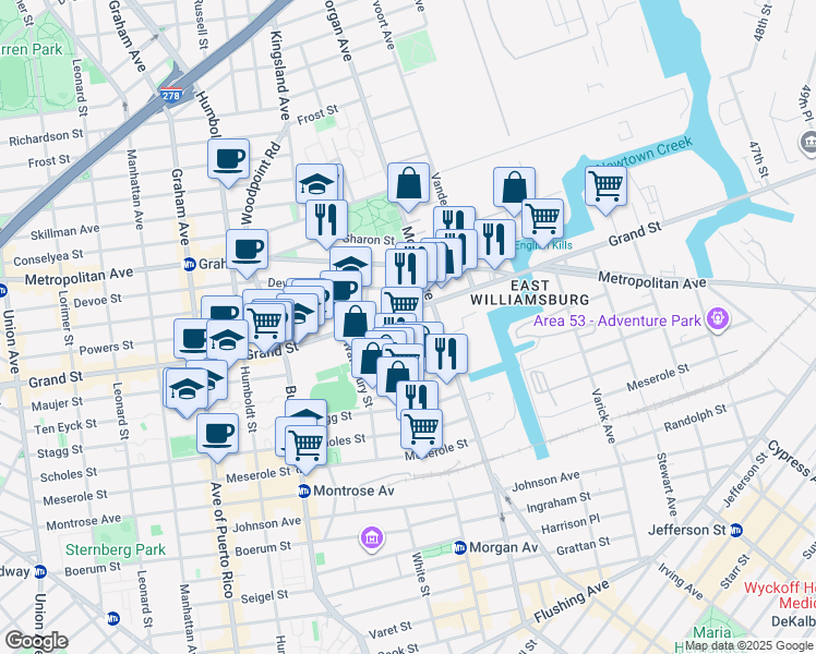 map of restaurants, bars, coffee shops, grocery stores, and more near 1005 Grand Street in Brooklyn