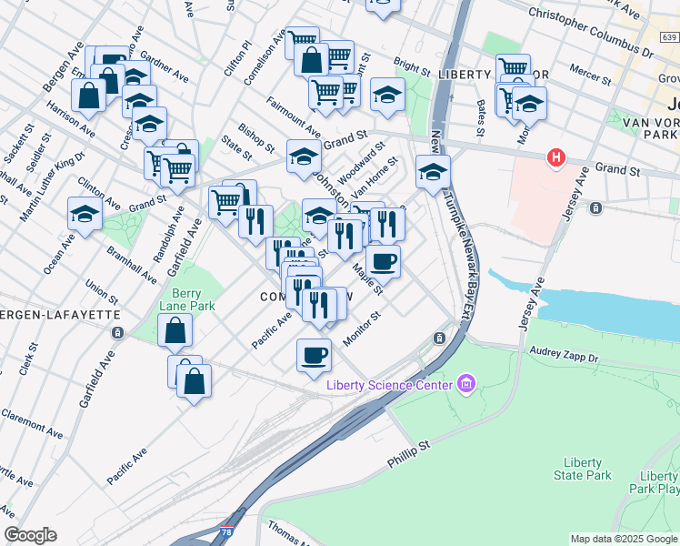map of restaurants, bars, coffee shops, grocery stores, and more near 357 Pacific Avenue in Jersey City