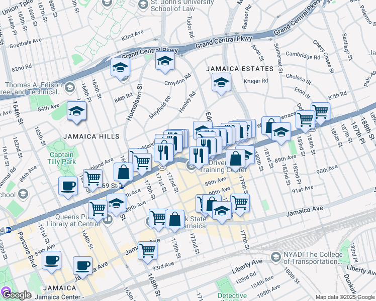 map of restaurants, bars, coffee shops, grocery stores, and more near 175-27 Wexford Terrace in Queens