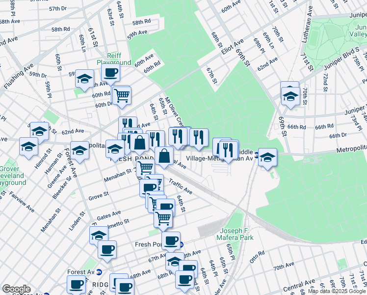 map of restaurants, bars, coffee shops, grocery stores, and more near 62-61 65th Street in Queens