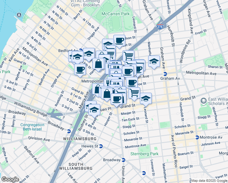 map of restaurants, bars, coffee shops, grocery stores, and more near 405 Union Avenue in Brooklyn
