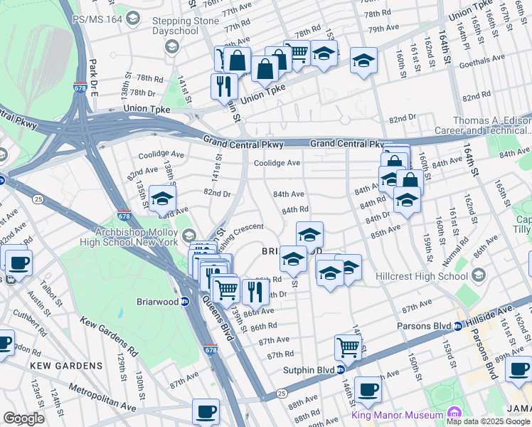 map of restaurants, bars, coffee shops, grocery stores, and more near 84-35 Lander Street in Queens