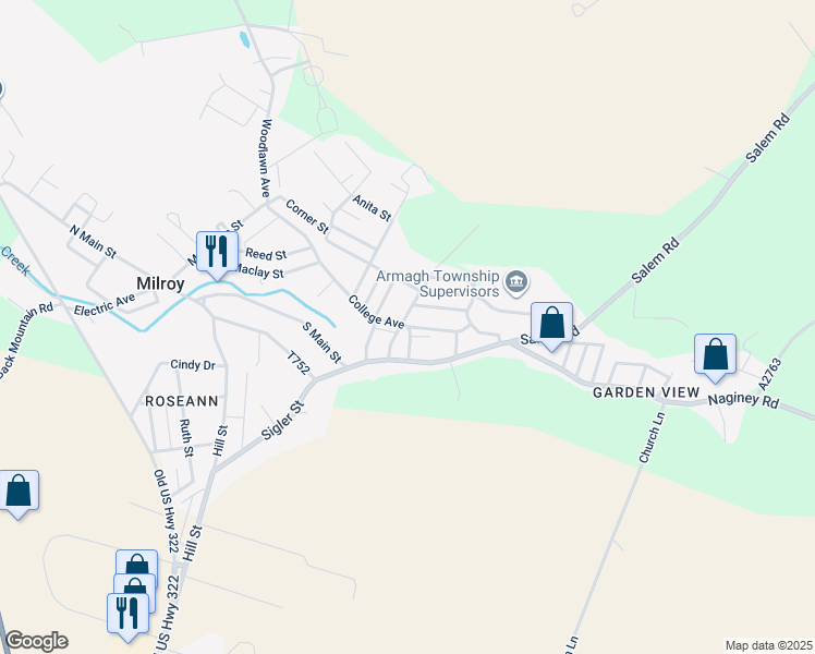 map of restaurants, bars, coffee shops, grocery stores, and more near 43 College Avenue in Milroy