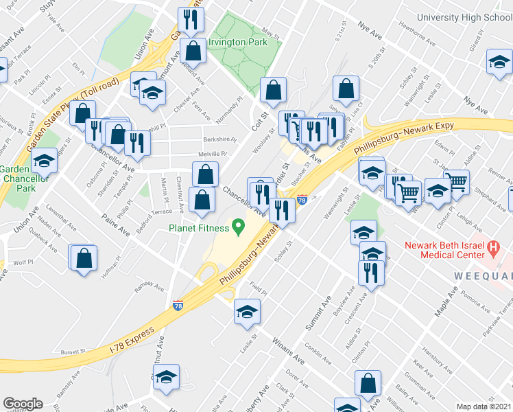 map of restaurants, bars, coffee shops, grocery stores, and more near 1929 Chancellor Avenue in Irvington