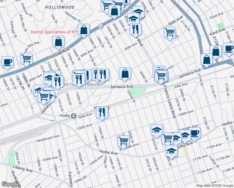 map of restaurants, bars, coffee shops, grocery stores, and more near 94-38 199th Street in Queens