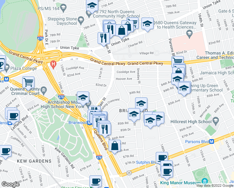map of restaurants, bars, coffee shops, grocery stores, and more near 141-71 84th Road in Queens