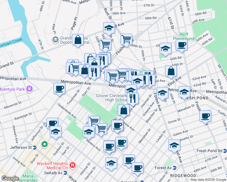 map of restaurants, bars, coffee shops, grocery stores, and more near 53-56 Metropolitan Avenue in Queens