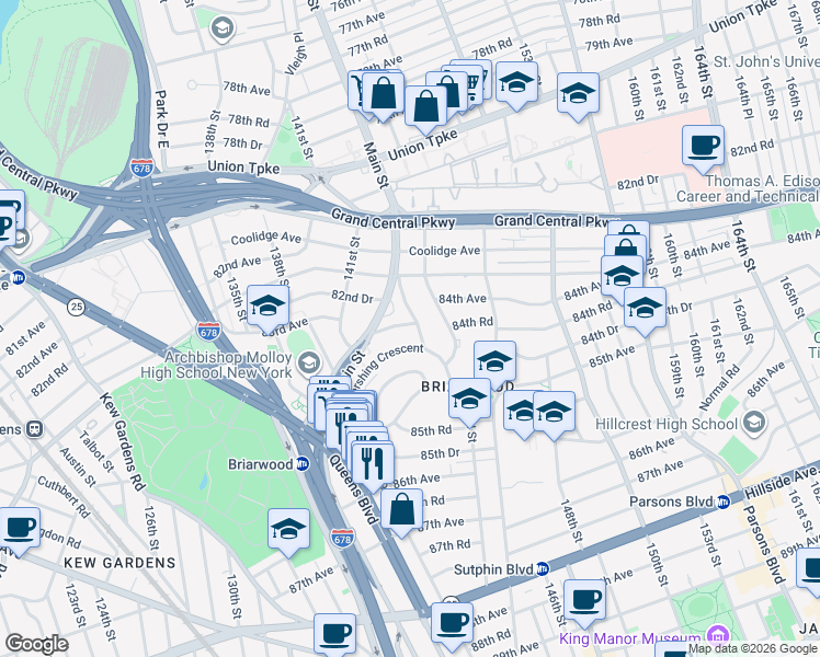 map of restaurants, bars, coffee shops, grocery stores, and more near 141-71 84th Road in Queens