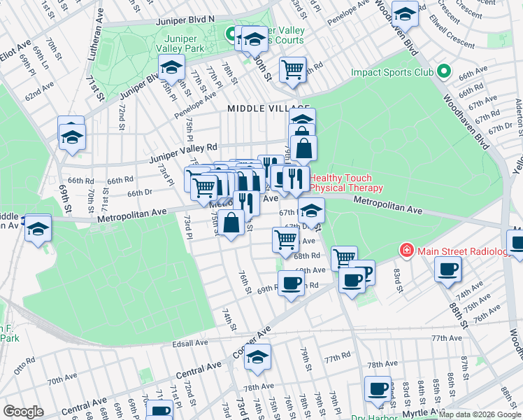 map of restaurants, bars, coffee shops, grocery stores, and more near 78-12 Metropolitan Avenue in Queens
