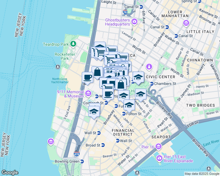 map of restaurants, bars, coffee shops, grocery stores, and more near 90 Church Street in New York