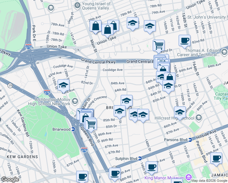 map of restaurants, bars, coffee shops, grocery stores, and more near 84-55 Daniels Street in Queens